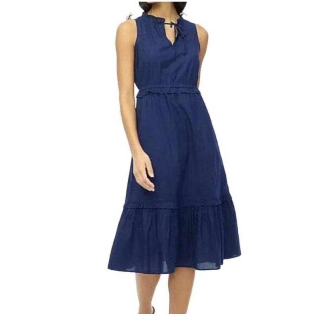 New J.Crew Factory Tie Front Sleeveless Tiered Midi Cotton Dress 4 Navy Blue